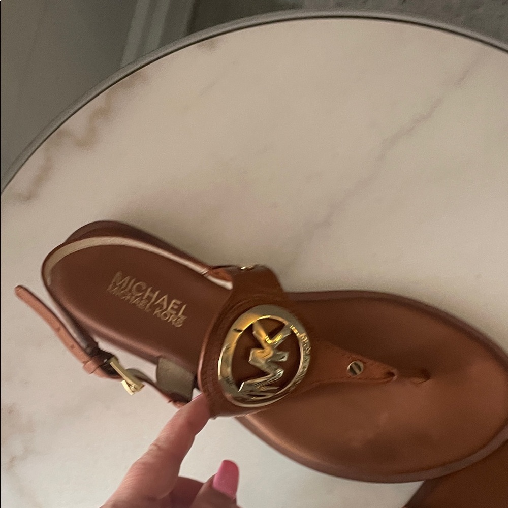 MICHAEL Michael Kors Brown Leather Thong Sandals with Gold Logo